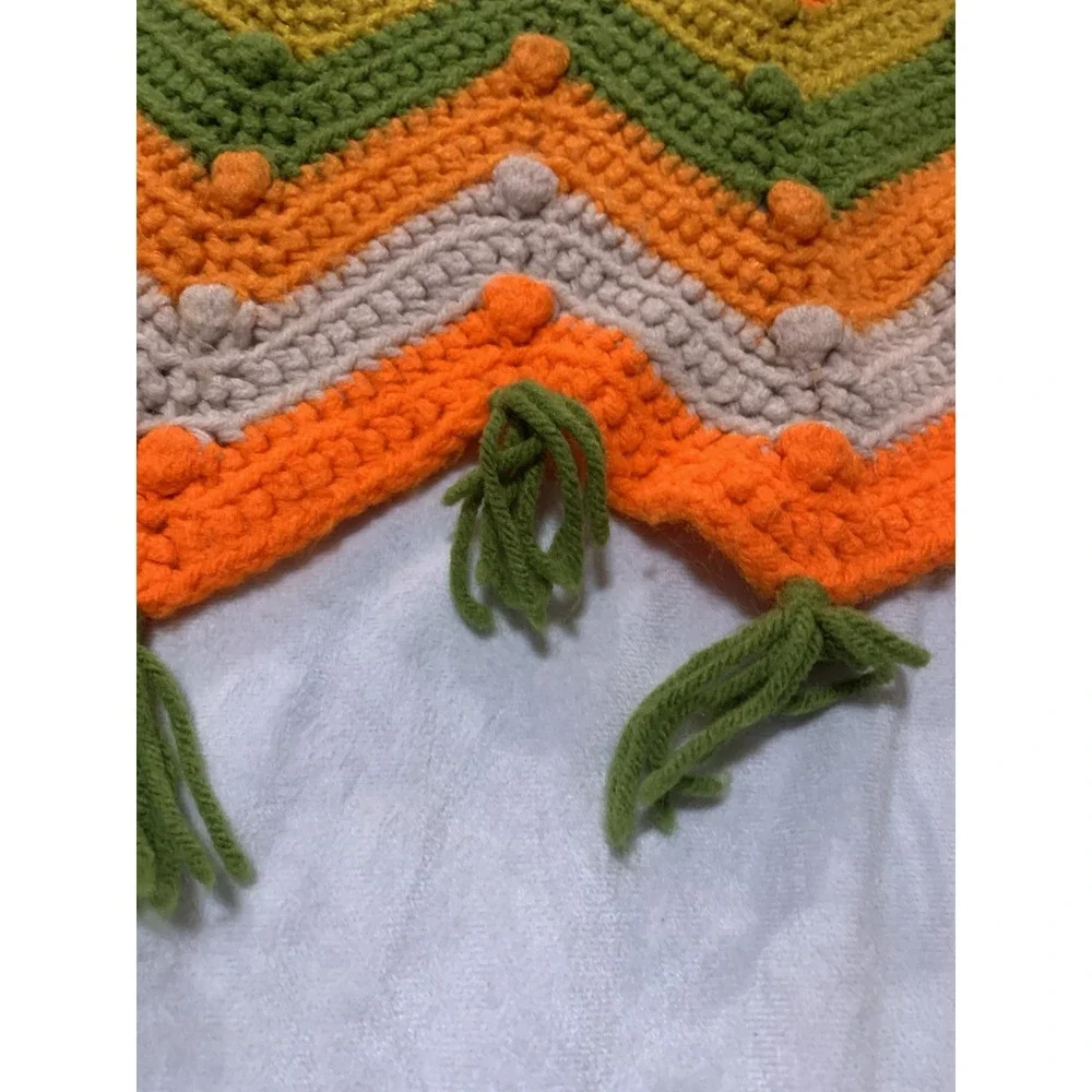 Vintage 70's ZigZag Chevron Crocheted Afghan Throw Green Orange 54x56